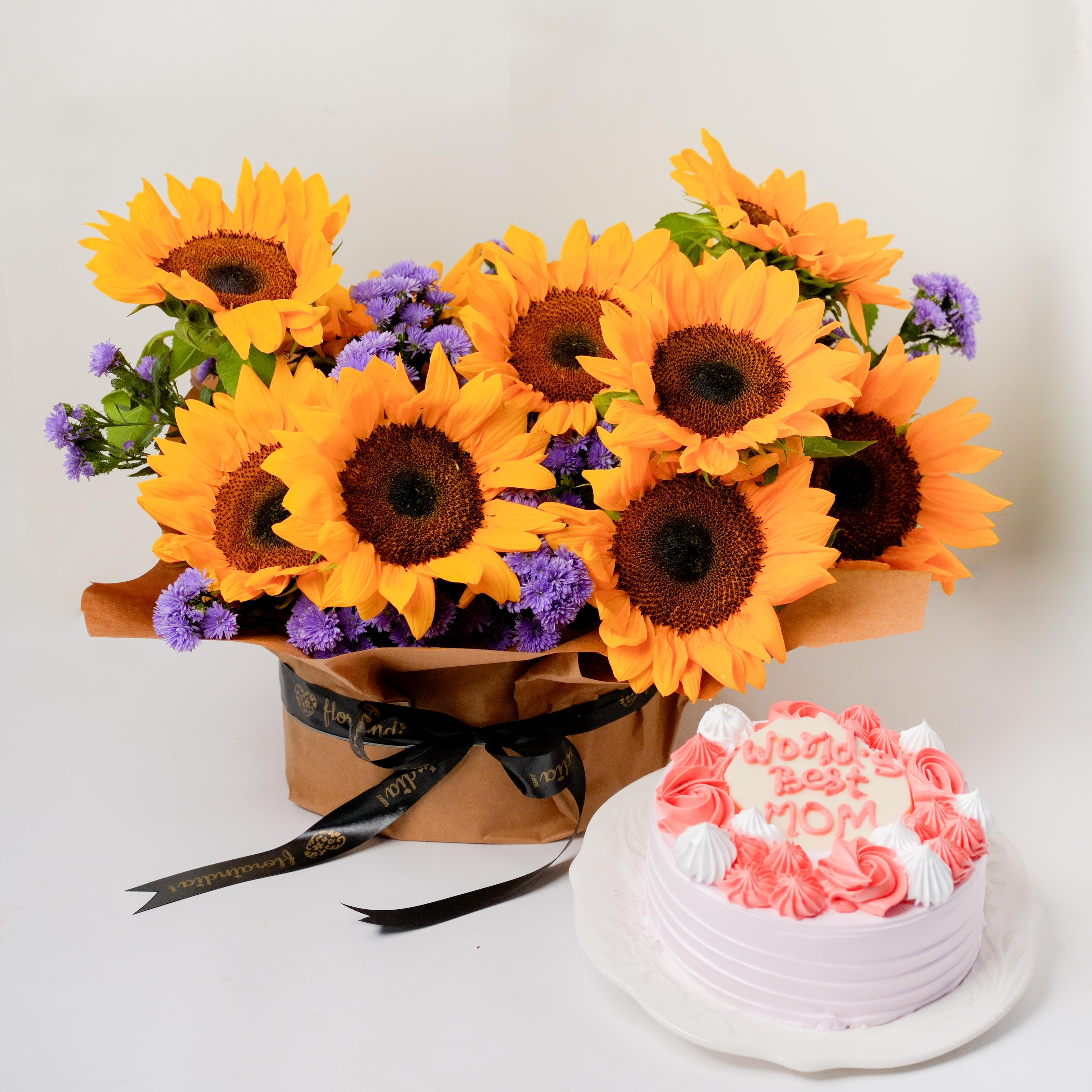 Sunflower & Blue Daisy Vase with Pineapple Cake