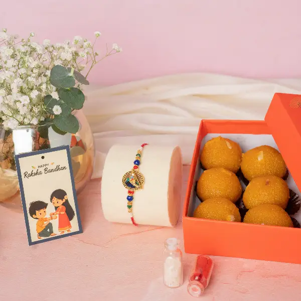 Peacock Rakhi & Mooti Choor Ladoo