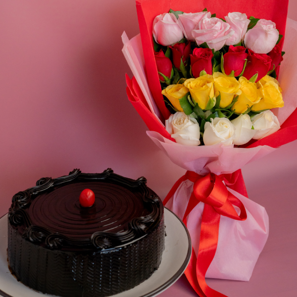 Chocolate Truffle  Cake  With Mix Rose Bouquet