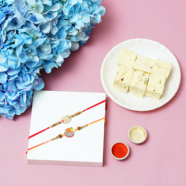 Stone Studded Metal Rakhi with Soan Papdi