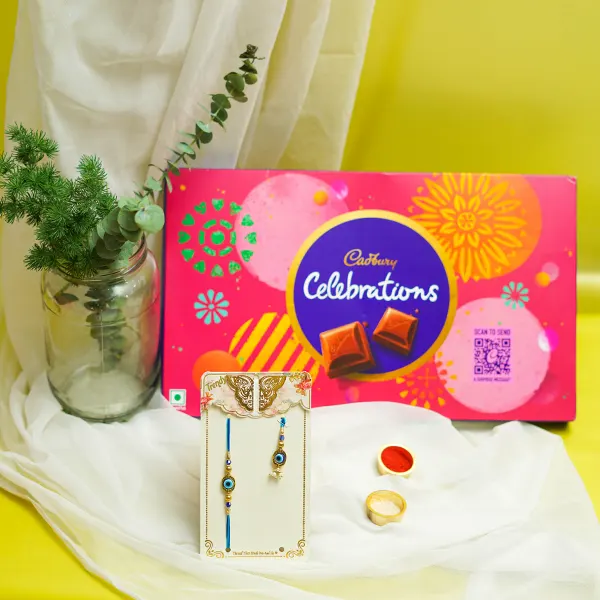 Colorful Blue Rakhi & Lumba with Cadbury Celebrations Chocolate box