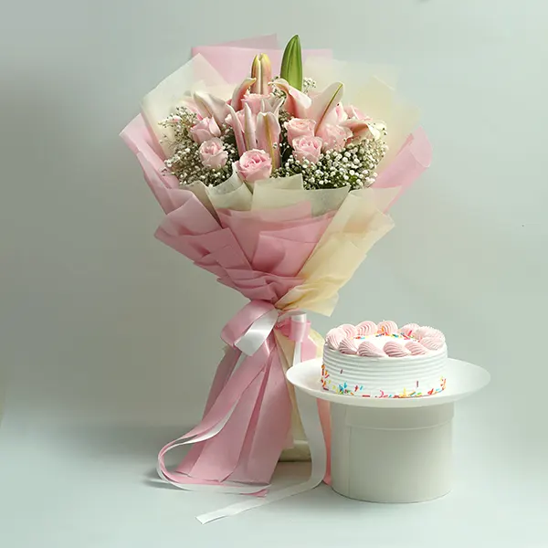 Strawberry Cake & Pink Lilies