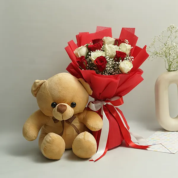 Classic Roses with Cuddly Brown Hug