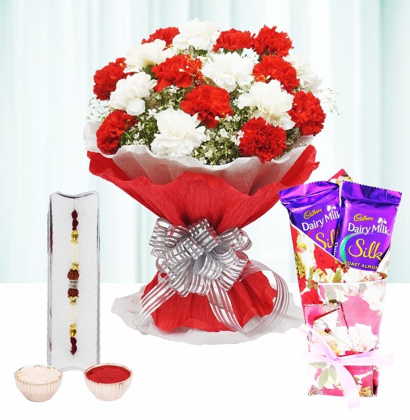 Bead Rakhi & Flowers with Cadbury Silk