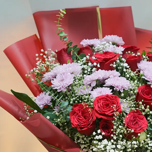 Red Roses with Purple Chrysanthemums Elegance