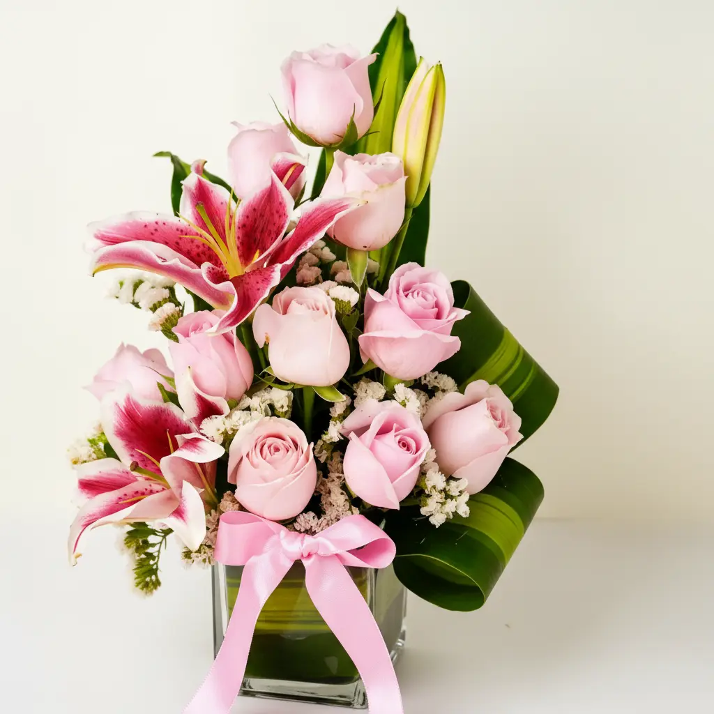 Pink Rose Lily Bouquet in Vase