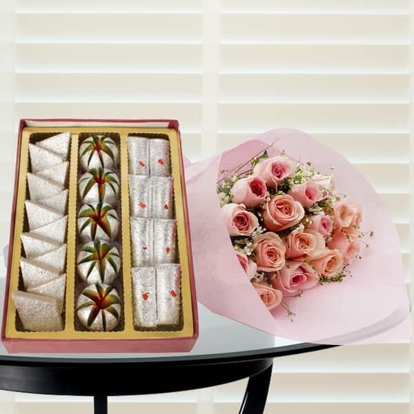 Pink Pearl Roses and Assorted Kaju Sweets