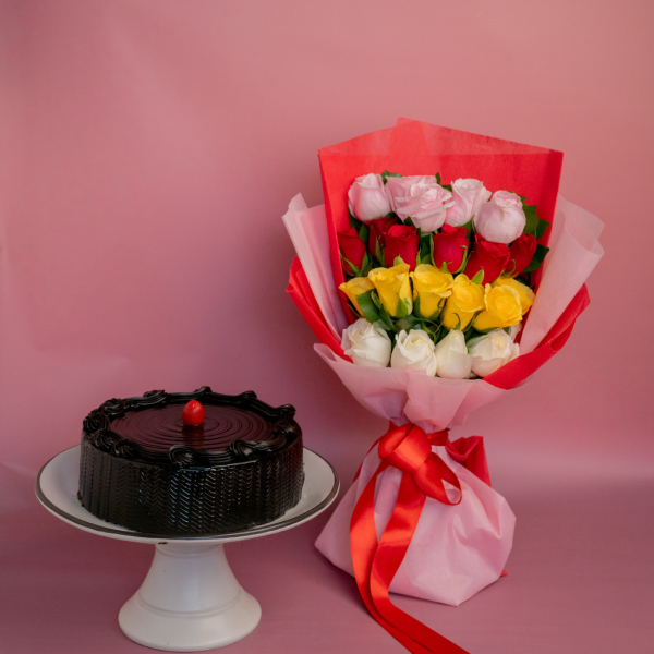 Chocolate Truffle  Cake  With Mix Rose Bouquet