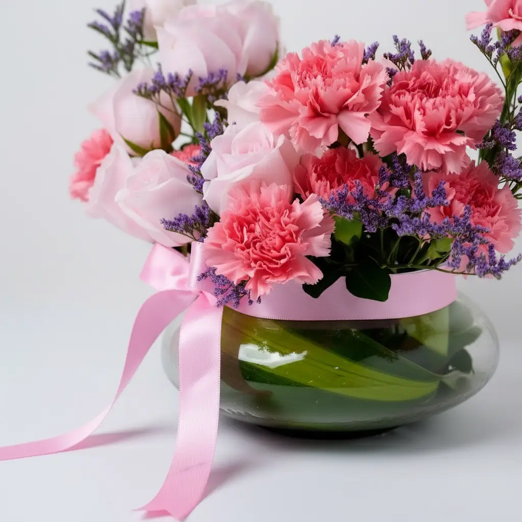 Pink Roses & Carnations in Glass Vase Pink Roses & Carnations in Glass Vase