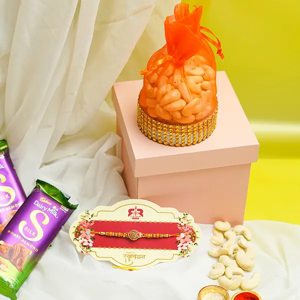 Designer Metal Rakhi with Chocolates & Cashew Nuts