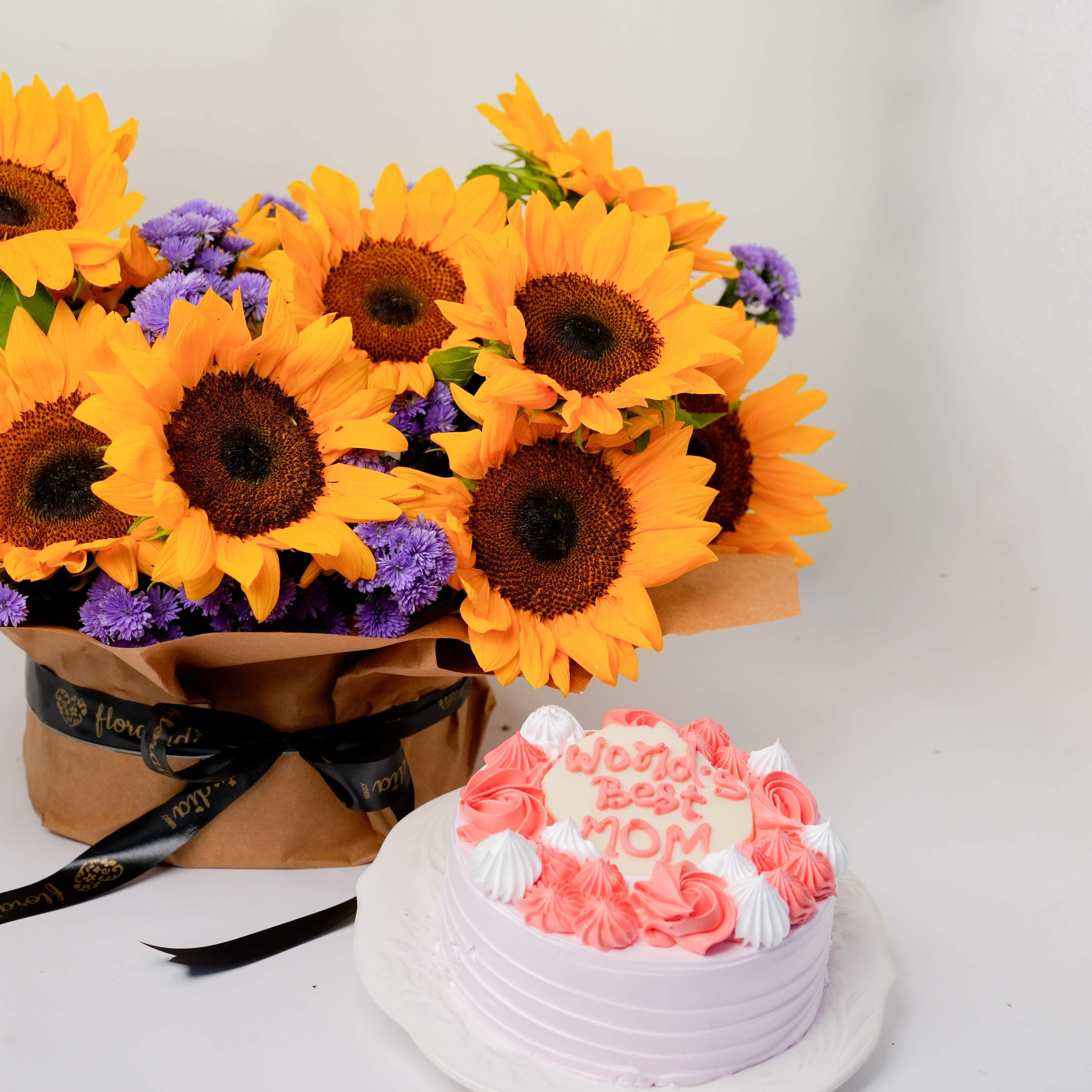 Sunflower & Blue Daisy Vase with Pineapple Cake