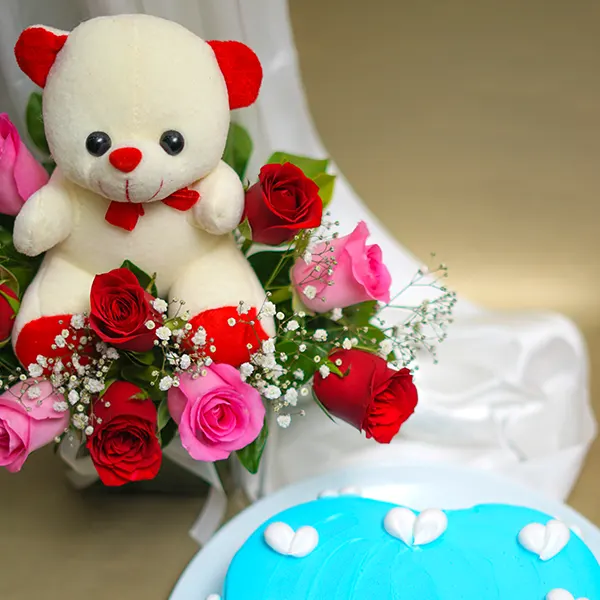 Rose with Teddy Bear and Heart Cake