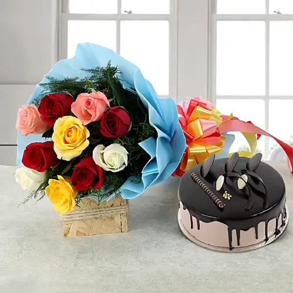 Mixed Roses with Chocolate Cake Mixed Roses with Chocolate Cake