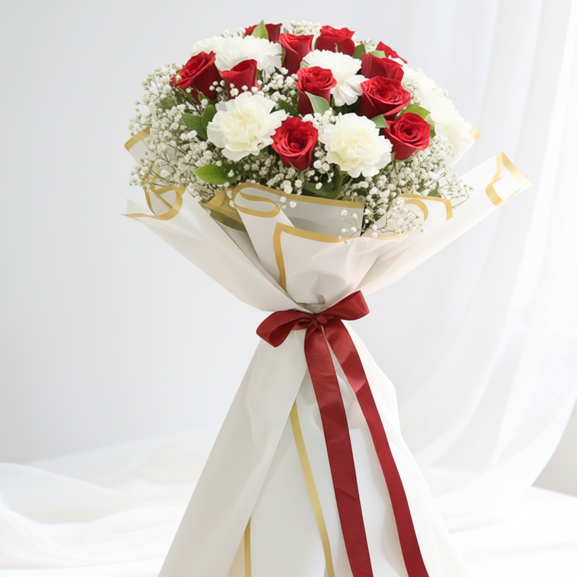 Classic Red Rose & White Carnation Bouquet