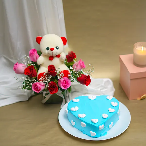 Rose with Teddy Bear and Heart Cake