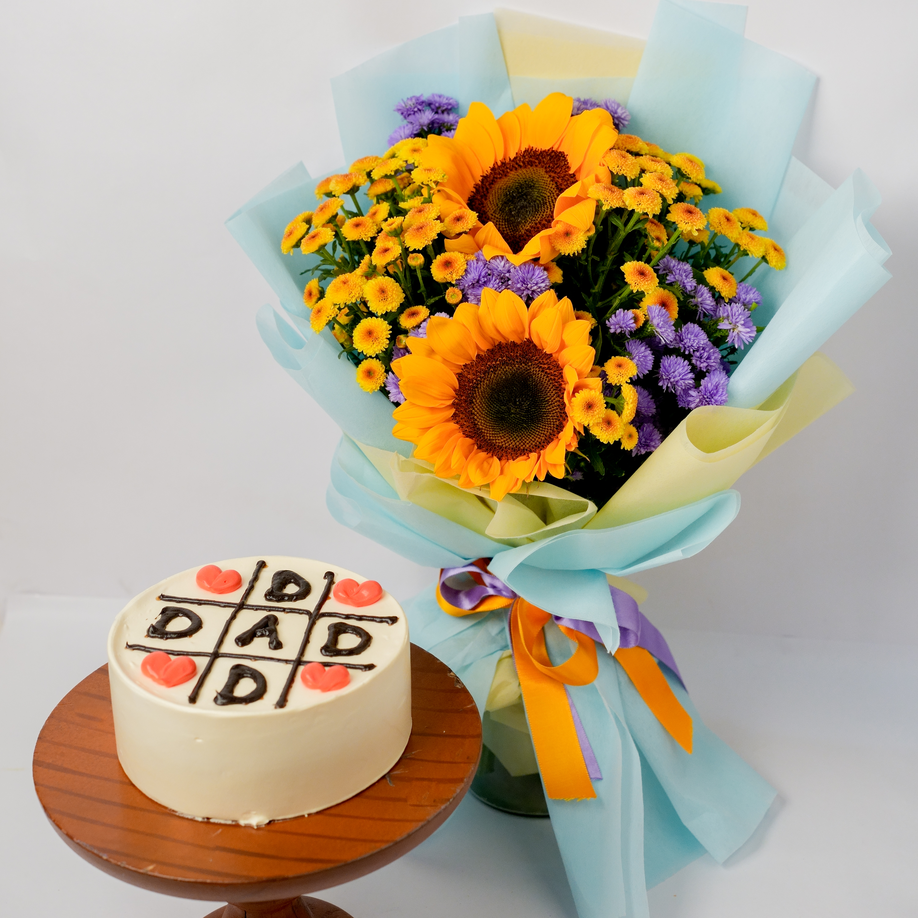 Butterscotch Dad Cake with Sunflower & Daisy Bouquet