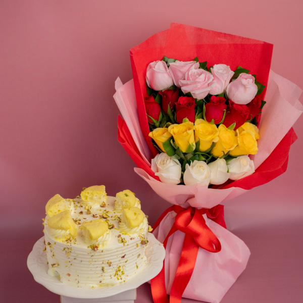Mixed Color Roses Bunch With Rasmalai Cake