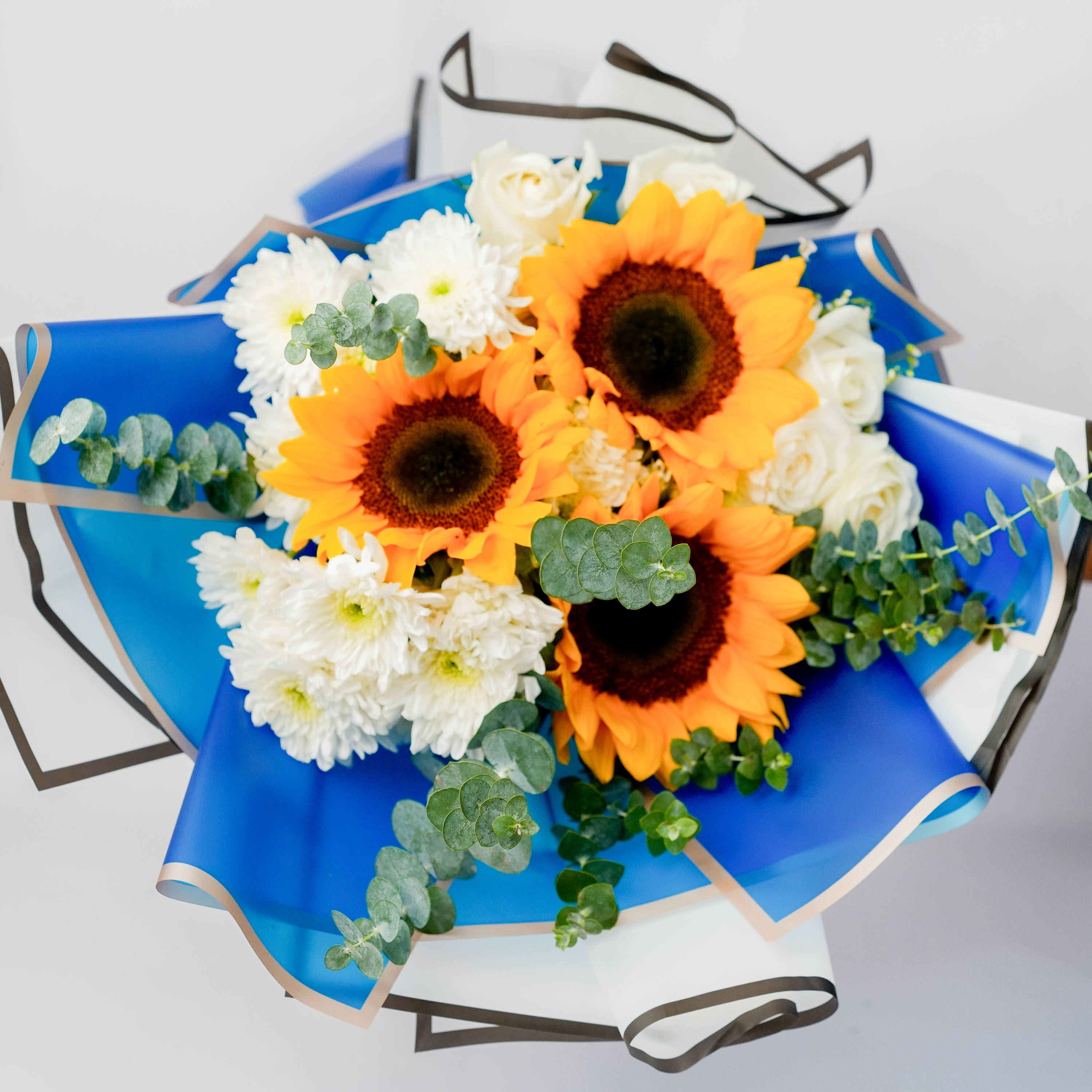 Sunflower & White Rose Bouquet with Chrysanthemums