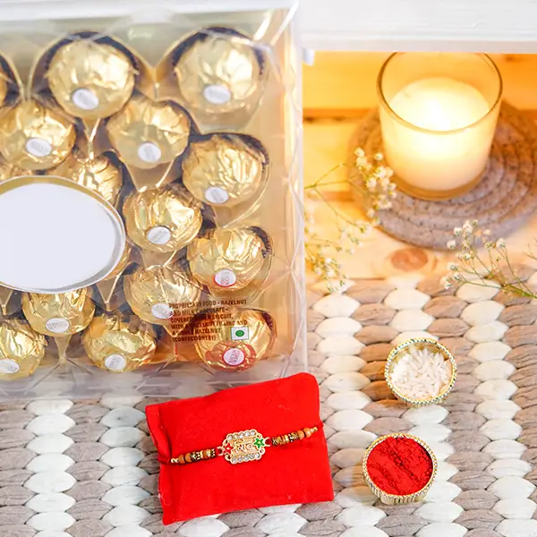 Stone Studded Rakhi with Ferrero Rocher Chocolate Box