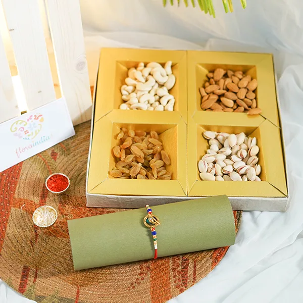 Pious Krishna Rakhi with Designer Dry Fruit Box