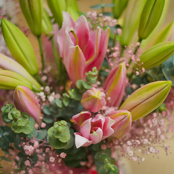 Pink Oriental Lilies and Gypso Bowl