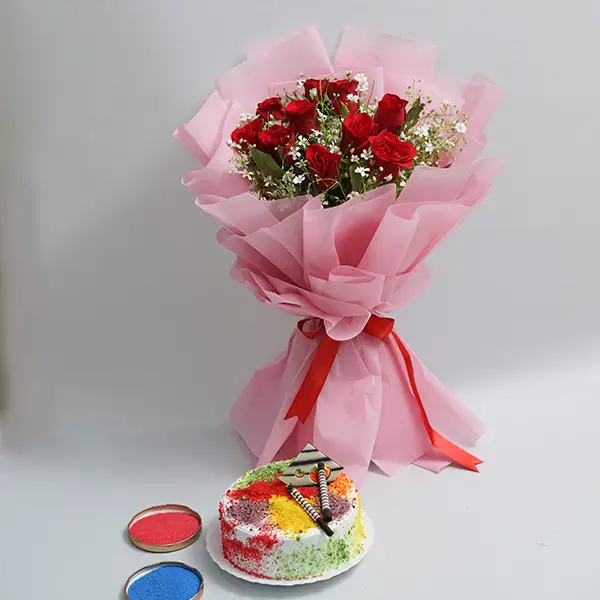 Red Roses Bouquet with Vanilla Holi Cake