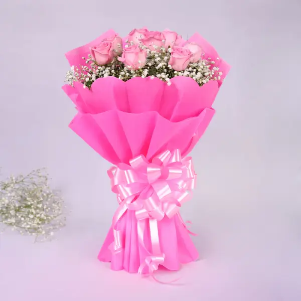 Fresh Flowers Bunch of 8 Pink Roses with Paper Packing