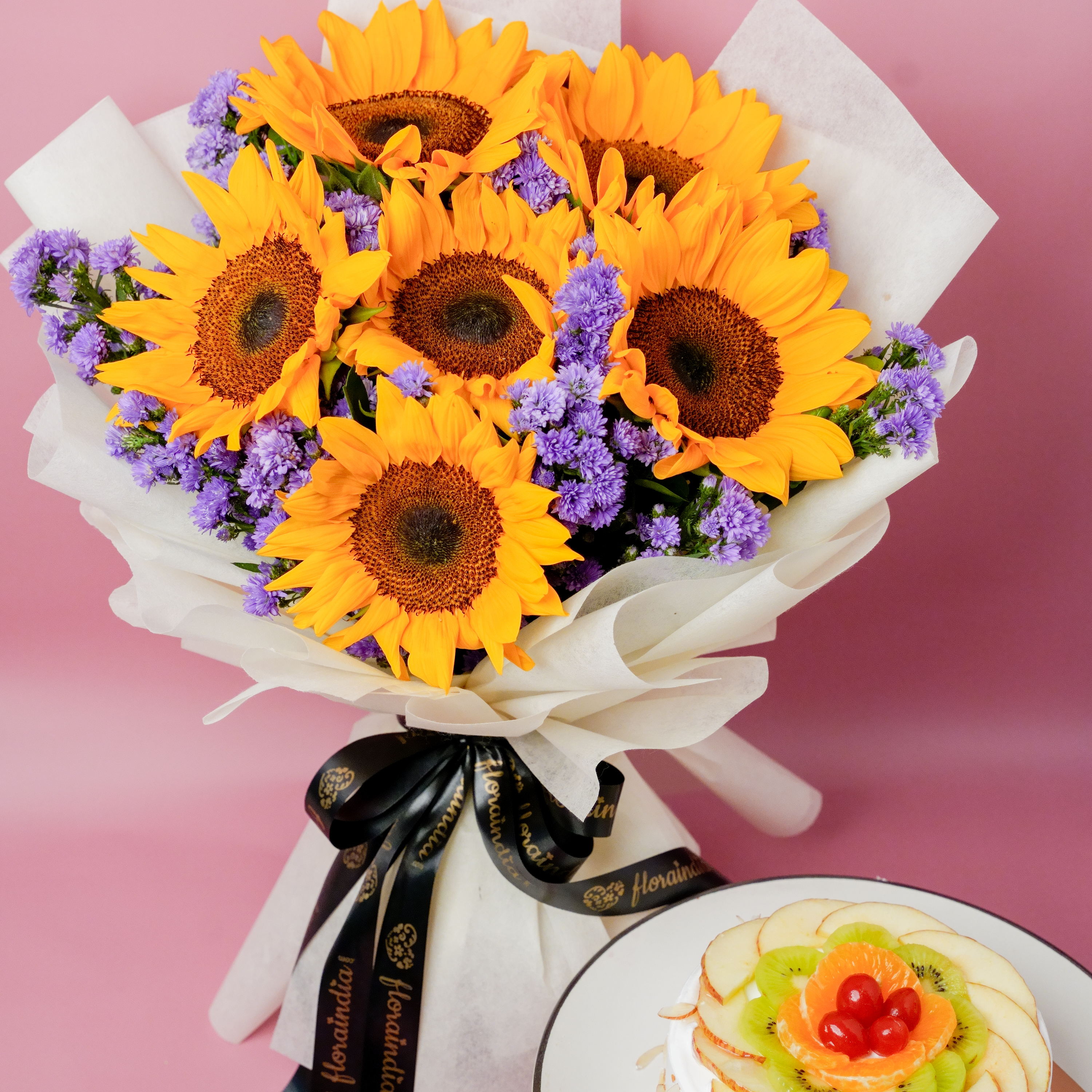 Sunflower Bouquet with Blue Daisies & Fresh Fruit Cake