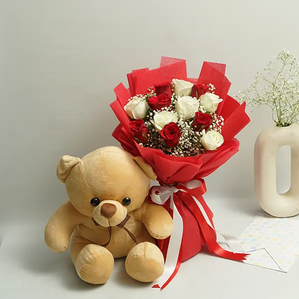 Classic Roses with Cuddly Brown Hug