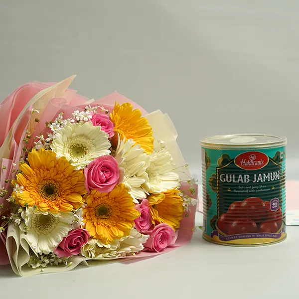 Gerbera Serenity with Gulab Jamun