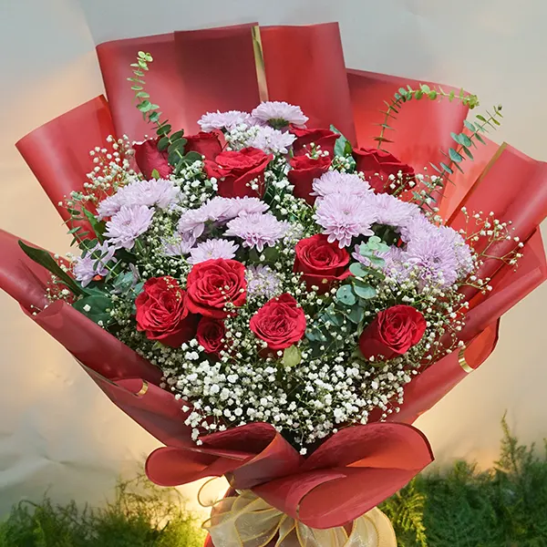 Red Roses with Purple Chrysanthemums Elegance