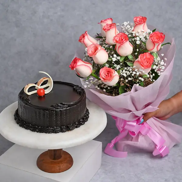 12 Pink Roses & Truffle Cake with Message Card