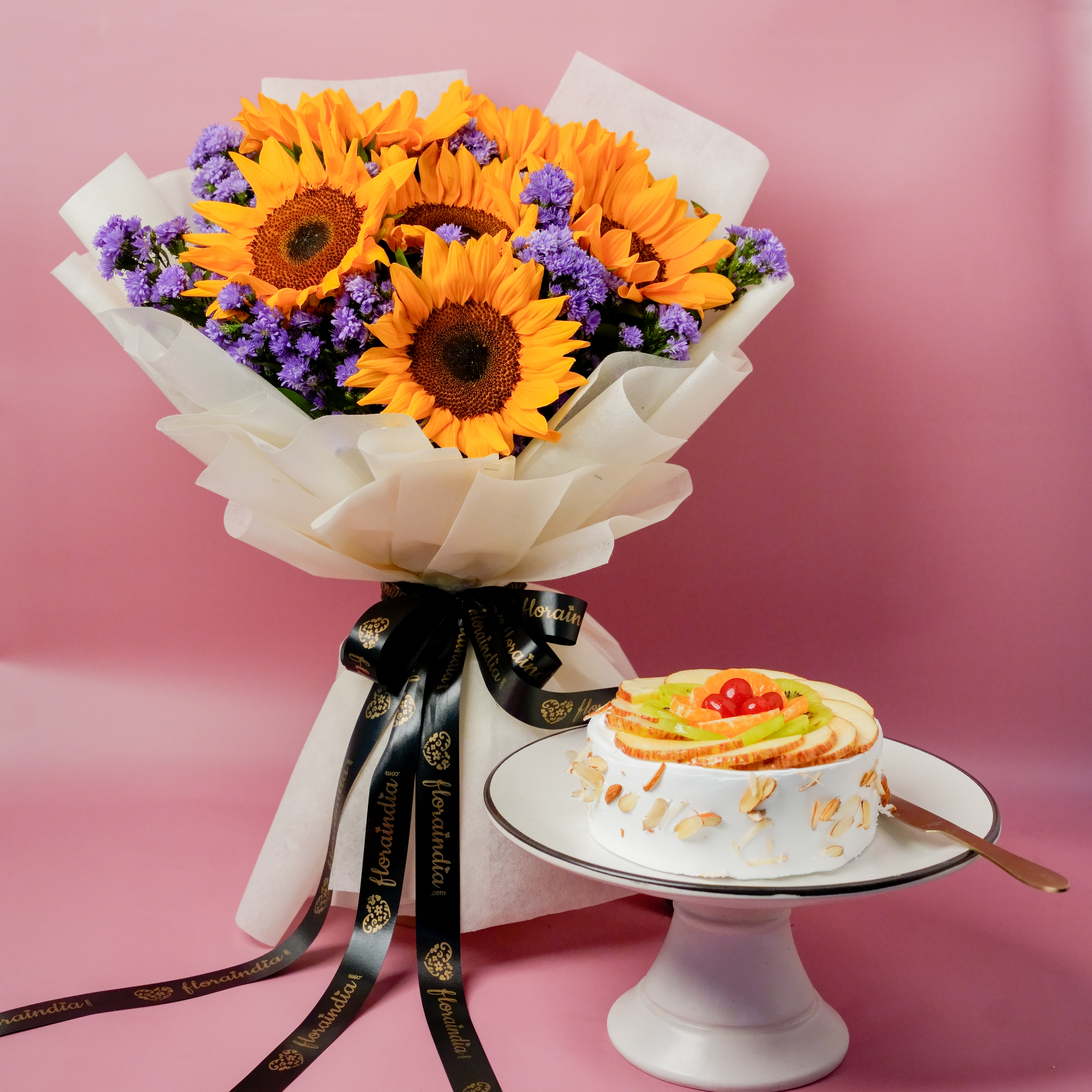 Sunflower Bouquet with Blue Daisies & Fresh Fruit Cake