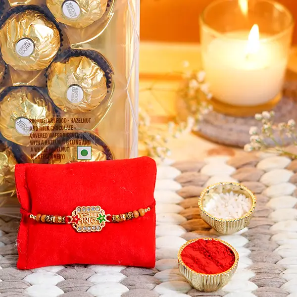 Stone Studded Rakhi with Ferrero Rocher Chocolate Box