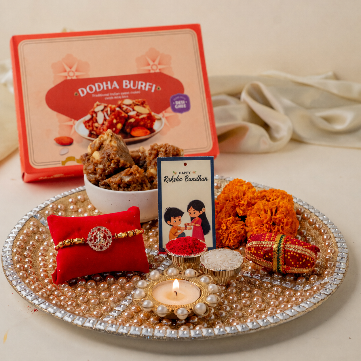 Pearl Thali with Ganesh Rakhi Pearl Thali with Ganesh Rakhi