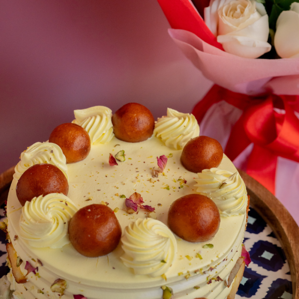 Mixed Color Roses Bunch With Gulab Jamun Cake