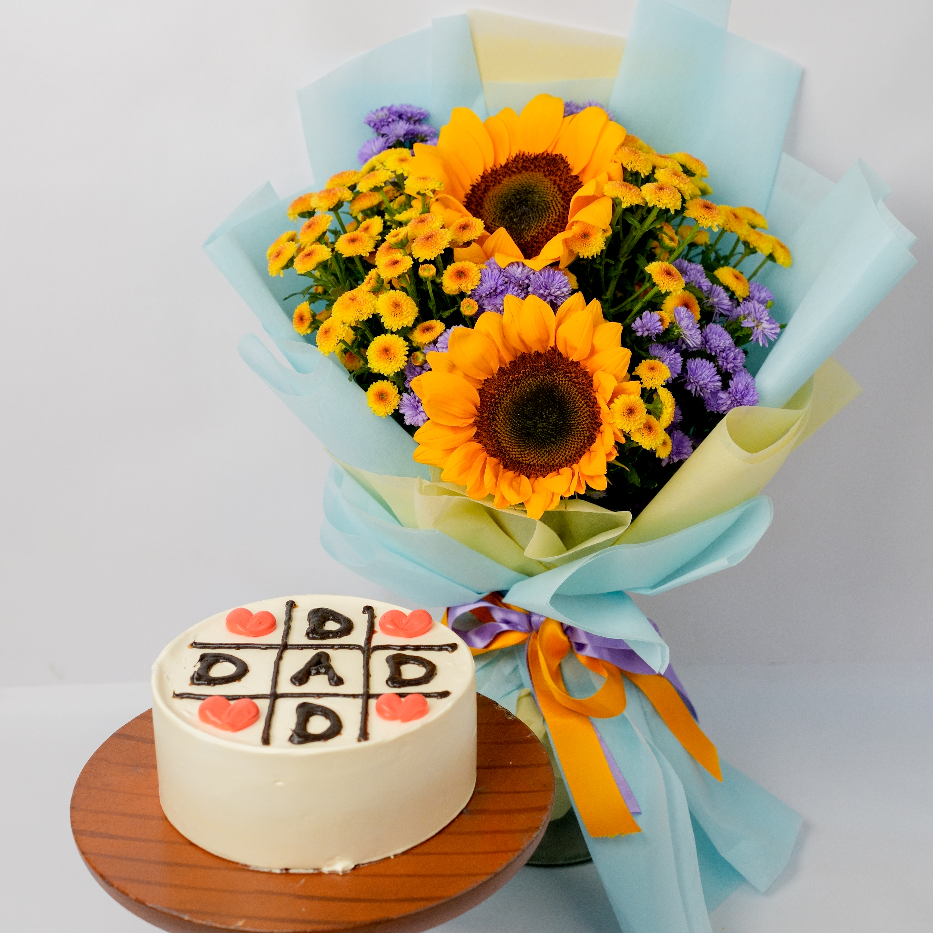 Butterscotch Dad Cake with Sunflower & Daisy Bouquet