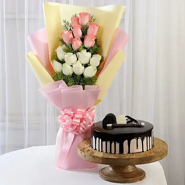 Pink and White Roses with Chocolate Cake