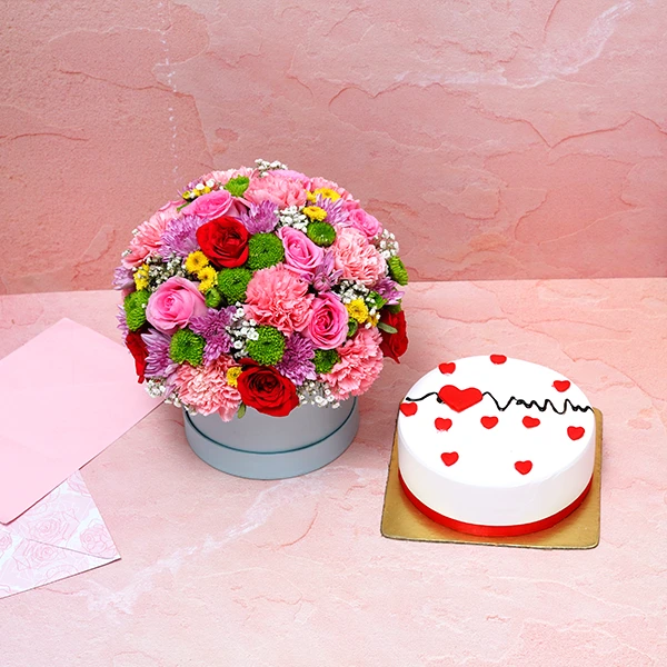 Mixed Flowers With  Velvet Cake