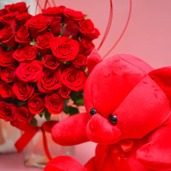 Heart-Shaped Red Roses & Teddy