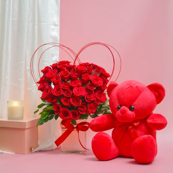 Heart-Shaped Red Roses & Teddy