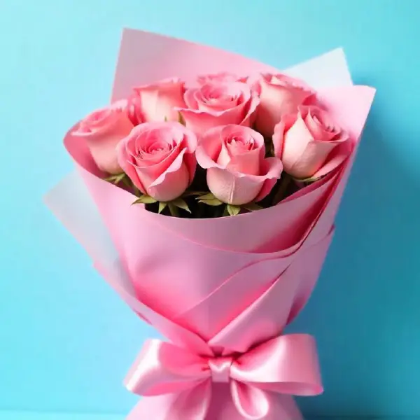 Fresh Flowers Bunch of 8 Pink Roses with Paper Packing