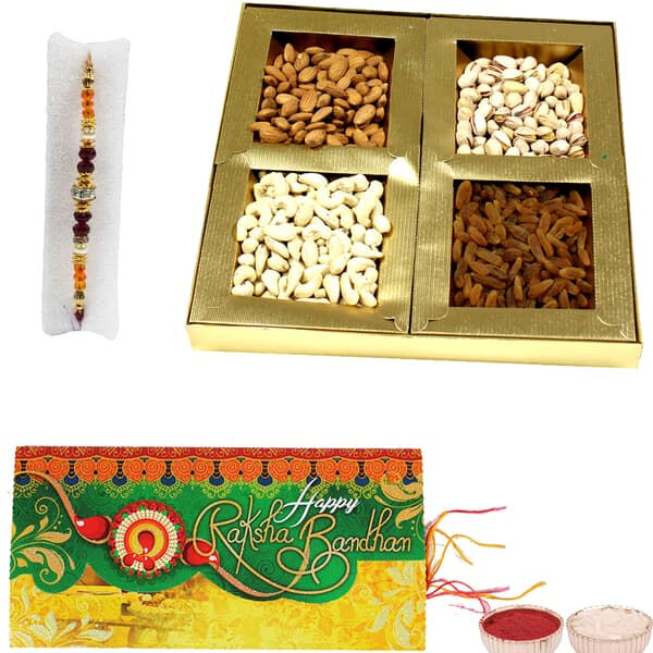 Sacred Bead Rakhi with Designer small Dry Fruit Box