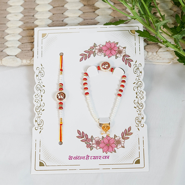 Om Studded Rakhi with Pearl Lumba & Sweets