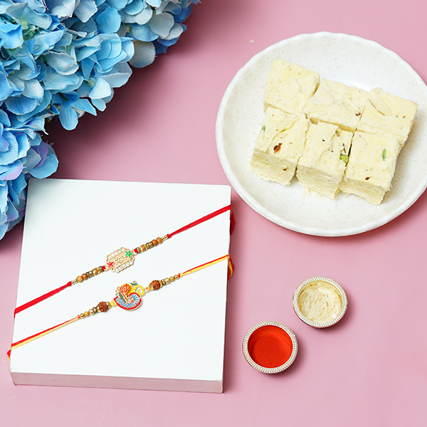 Stone Studded Metal Rakhi with Soan Papdi
