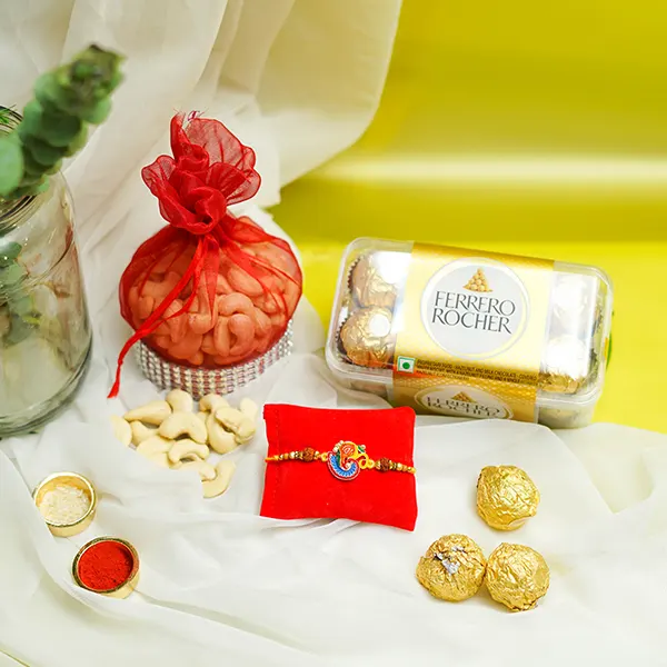 Sacred Ganesha Rakhi with Dry Fruit & Chocolates