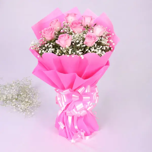 Fresh Flowers Bunch of 8 Pink Roses with Paper Packing