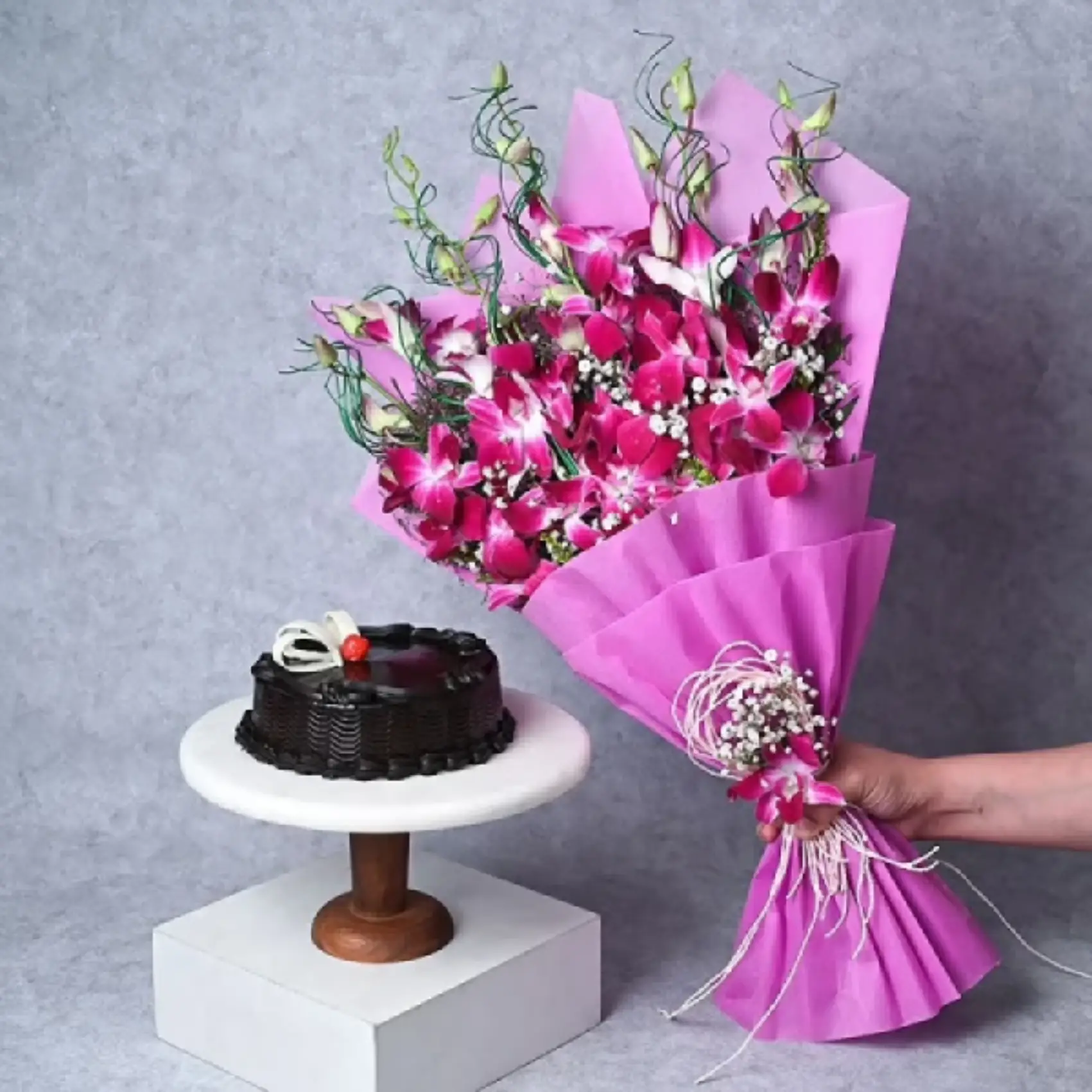Purple Orchid Bouquet with Truffle Cake