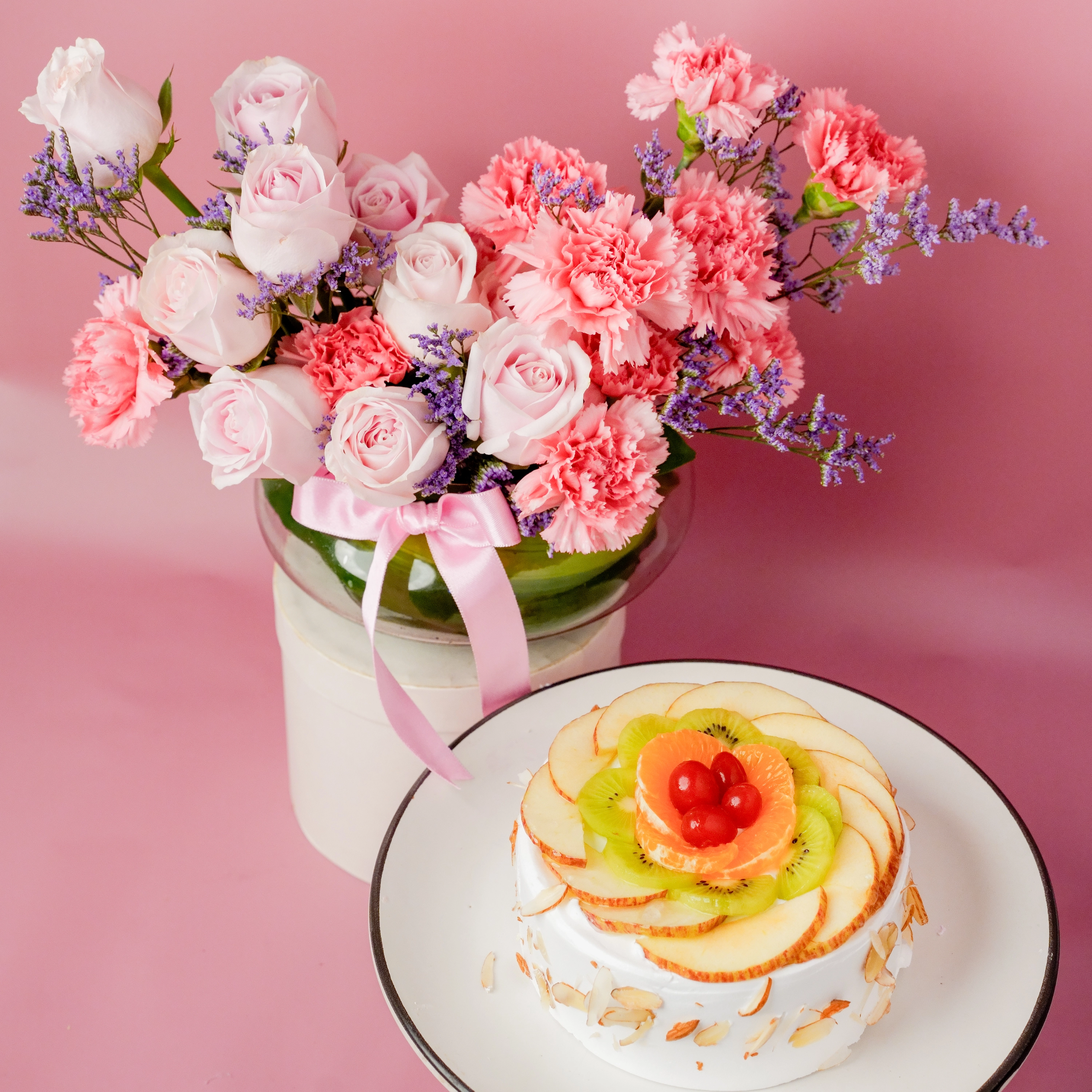 Blush Blooms & Fresh Fruit Cake