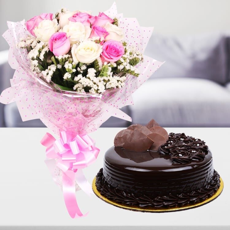 Pink and White Roses with Chocolate Cake